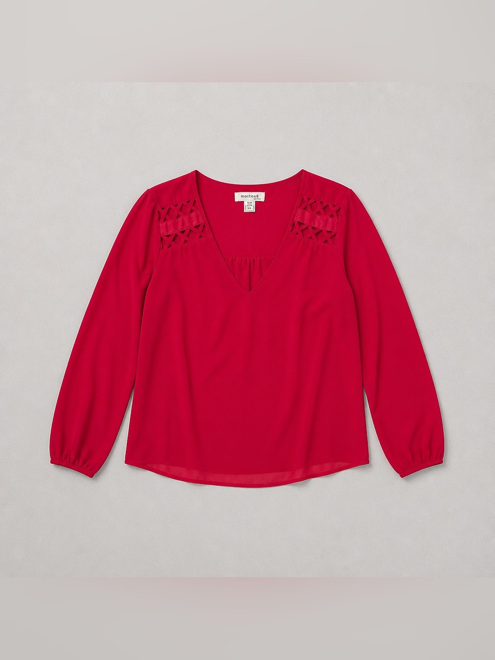 Monteau Red V-Neck Long Sleeve Blouse with Shoulder Cutouts